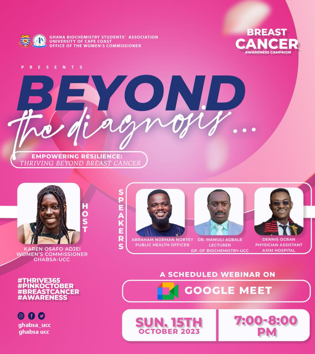 Save the Date. Join @GHABSA_UCC for an insightful webinar on the empowering theme 'Empowering Resilience: Thriving Beyond Breast Cancer' on Sunday, 15th October. It promises to be an inspiring session.
💗💕🌟💪🎗️ #Thrive365 #Pinktober #BreastCancerAwareness #Webinar #GHABSAUCC
