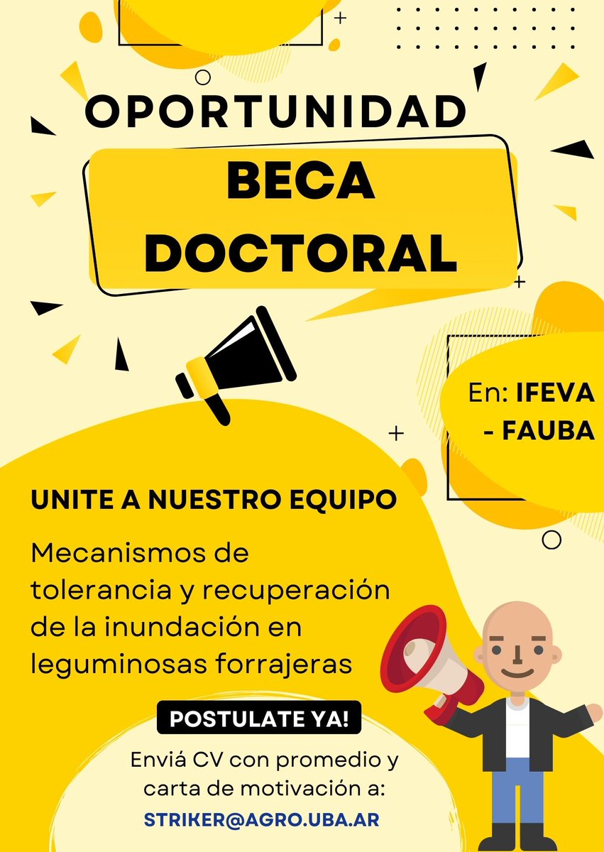 Quedan 10 días! Se busca Becario doctoral ANPCyT de proyecto PICT en Ecofisiología de leguminosas bajo inundación en <a href="/ifevaok/">IFEVA</a>🌱. 📷 Si queres más info pedila a striker@agro.uba.ar. 📷 ¡Tu RT ayuda!  #BecaDoctoral#Agro