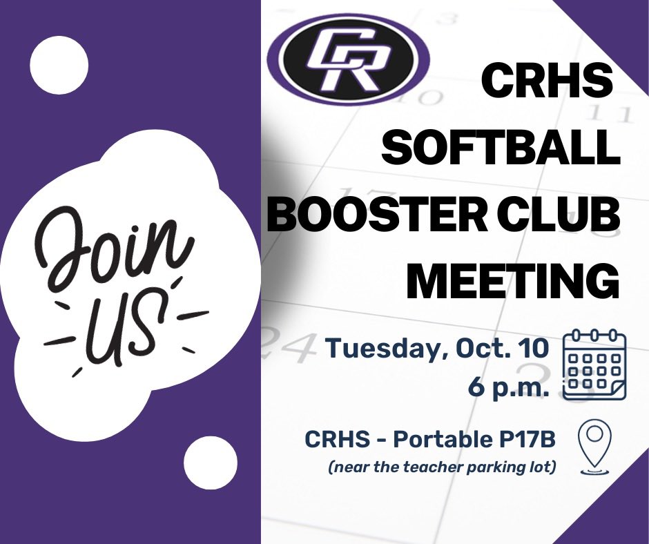 🥳See everyone tonight for tacos and at our booster meeting tomorrow!!! #weareCR 🖤🥎💜 <a href="/CedarRidgeHigh/">CRHS</a>