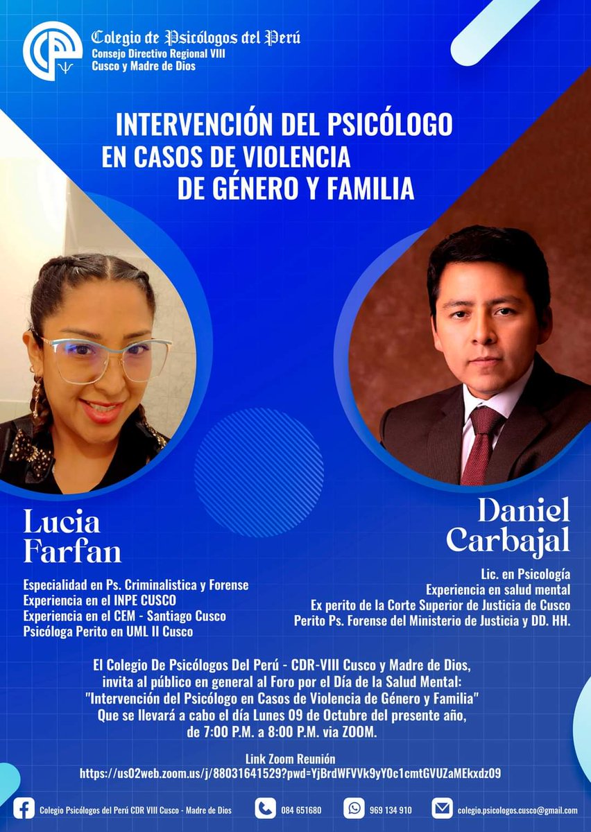 dchbenciq's tweet photo. En el marco del Día Mundial por la Salud Mental (10 octubre) el Colegio de Psicólogos nos invita a poner mirada y acción en la violencia familiar y de género. Lxs esperamos esta noche. https://t.co/5c1ve4HvhQ
