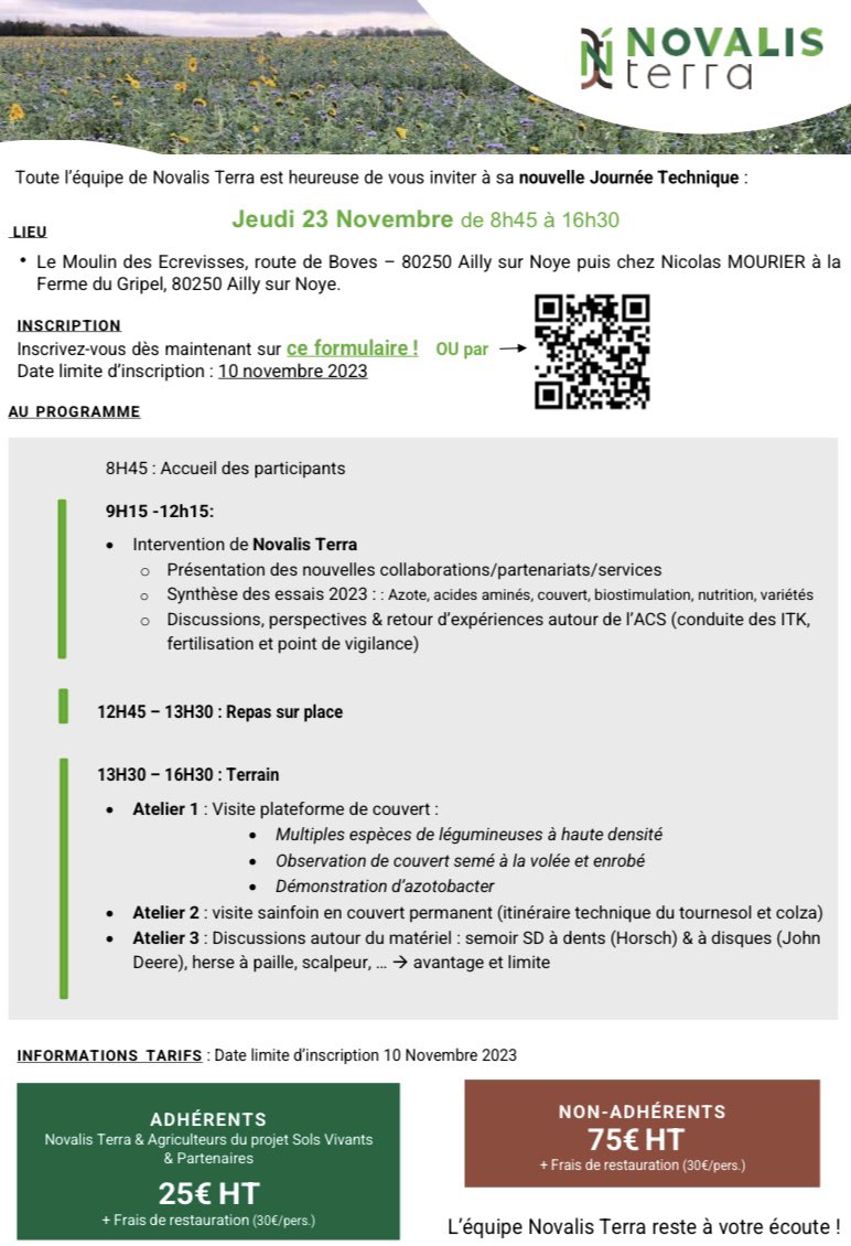🚨Novalis Terra organise sa 
8éme journée technique 🚨
De nombreux retours d’expériences seront partagés, et de belles plateformes d’essais seront organisées. Nous avons hâte de vous recevoir le 23 novembre 
🔜Alors n’hésitez plus, urlz.fr/nWpN