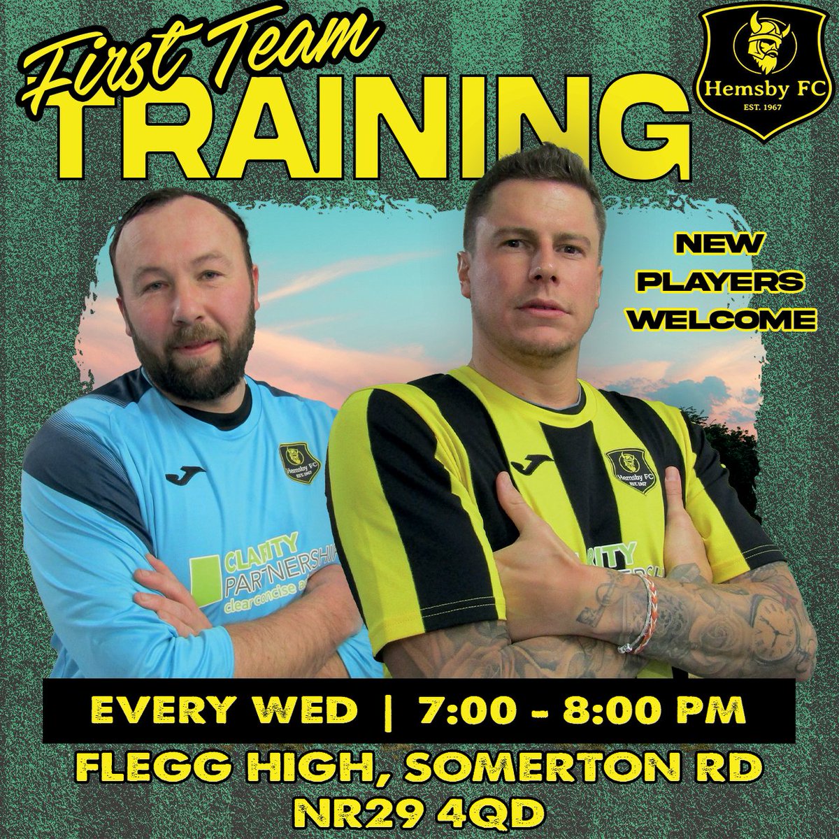 🖤💛 New Players Welcome 💛🖤
Interested in joining our Club? 1st team Training takes place every Wednesday 7-8pm at Flegg High. 
Why not come along!
#hemsbyfc #yellowandblack #teamtraining #newplayerswelcome #joinus
