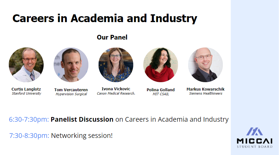 🚨🚨Important Update!🚨🚨
Today at #MICCAI2023, we're hosting a panel discussion on careers in academia and industry from 6:30-8:30pm. 🎓   

Please make sure to spread the updated times! #AIEvent #NetworkingEvent
