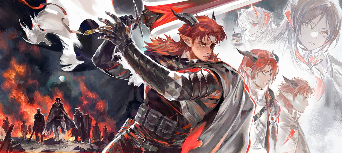 horns pointy ears weapon sword red hair multiple boys armor  illustration images