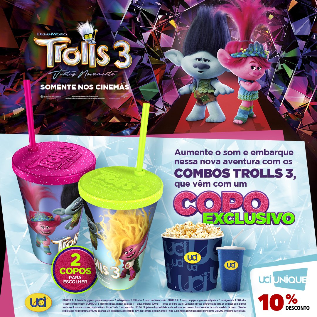 UCICinemas's tweet photo. Vem embarcar em uma aventura com muita diversão em #Trolls3! Teremos combos especiais com duas opções de copo pra escolher já nas sessões especiais desta semana! A partir do Dia das Crianças, 12 de outubro. Garanta seu ingresso amanhã no nosso site. https://t.co/BqKHktuepb