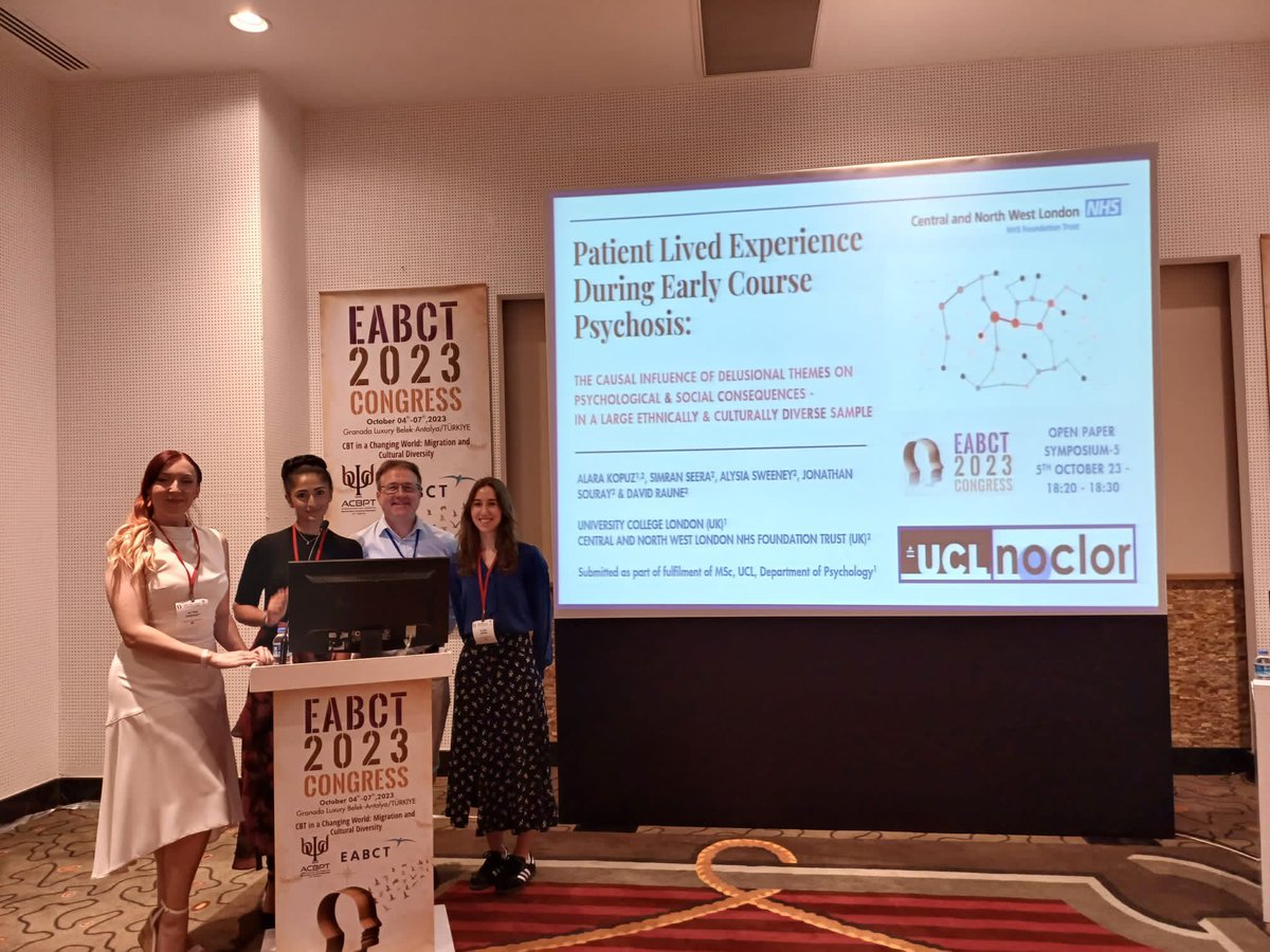 Dr David Raune (CNWL) led our PPP team @eabct2023 the international CBT conf, w two talks: 

(1) A study of the lived experience of psycho social consequences of early course delusions (N=400)

This study highlights which delusions causally contribute to which psycho-social probs