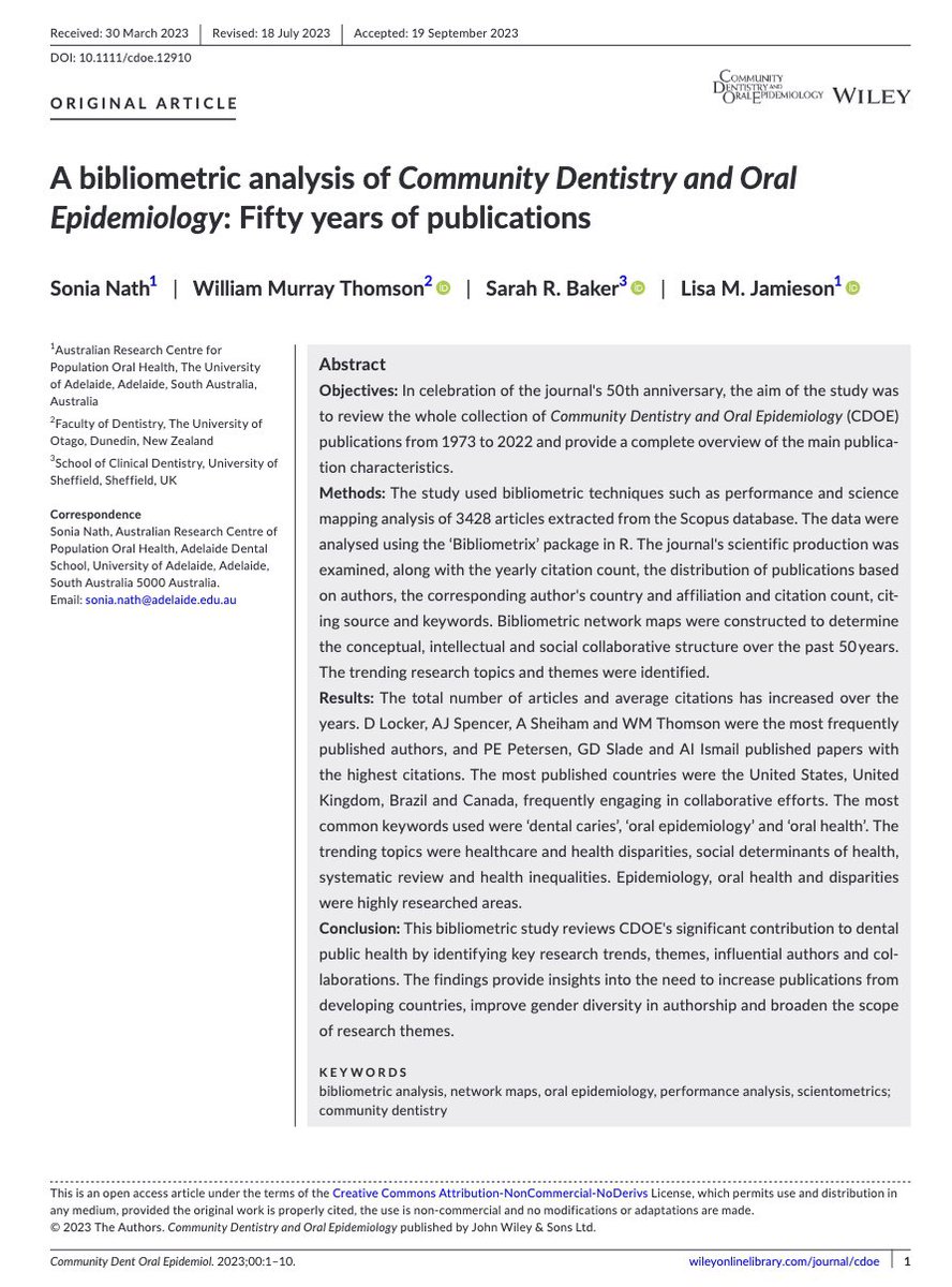 Prof Sarah Baker (@sarahrbakerdph) on Twitter photo Community Dentistry & Oral Epidemiology has been at the forefront of research in oral epi, community dentistry & oral health promotion
Just published - a new bibliometric analysis documenting our 50 year history led by <a href="/SoniaNath9/">Sonia Nath</a> with Lisa Jamieson @DrMuzz57 & myself
Link 👇 Community Dentistry & Oral Epidemiology has been at the forefront of research in oral epi, community dentistry & oral health promotion
Just published - a new bibliometric analysis documenting our 50 year history led by <a href="/SoniaNath9/">Sonia Nath</a> with Lisa Jamieson @DrMuzz57 & myself
Link 👇