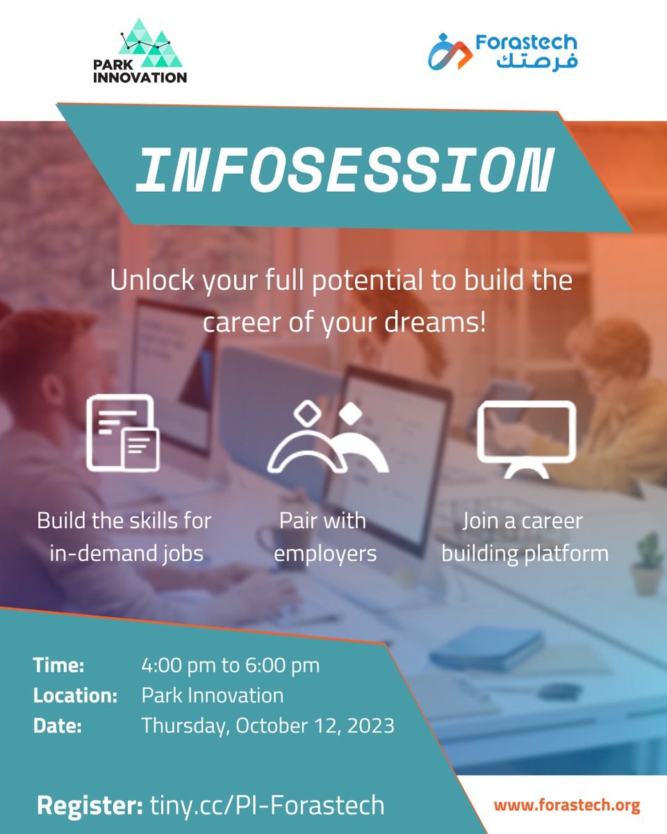 We’re hosting a Forastech Infosession! This is an opportunity to learn about Lebanon’s leading employability and skill development platform.

See all the details below and be sure to register at tiny.cc/PI-Forastech and visit forastech.org

cc @ForwardMena