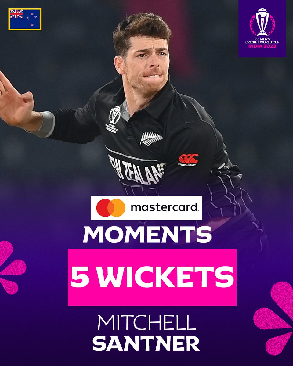 Mitchell Santner picks the first five-wicket haul of #CWC23 🔥

@mastercardindia Milestones 🏏

#CWC23 | #NZvNED