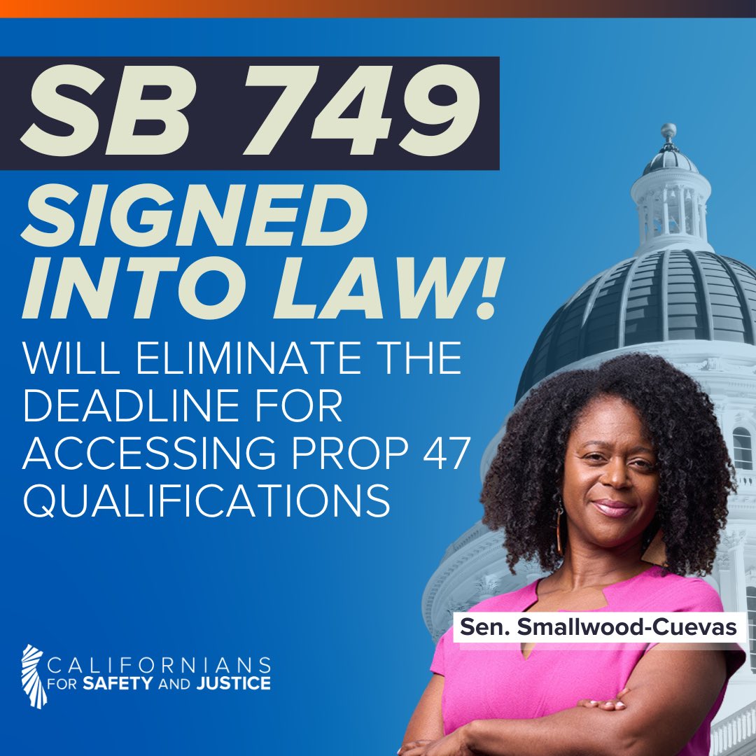 🚨BREAKING!🚨 Gov. @GavinNewsom signed #SB749 into law! This bill will eliminate the deadline by which people must apply to reduce old felony convictions for low level, non-violent crimes to misdemeanors under voter-approved Proposition 47. Thank you @LolaForSenate!