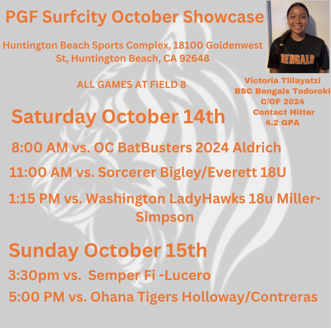VictoriaT2024's tweet photo. Upcoming PGF Surfcity October Showcase Schedule out! Hope to see you there 🥎 https://t.co/Qa8pPot24U