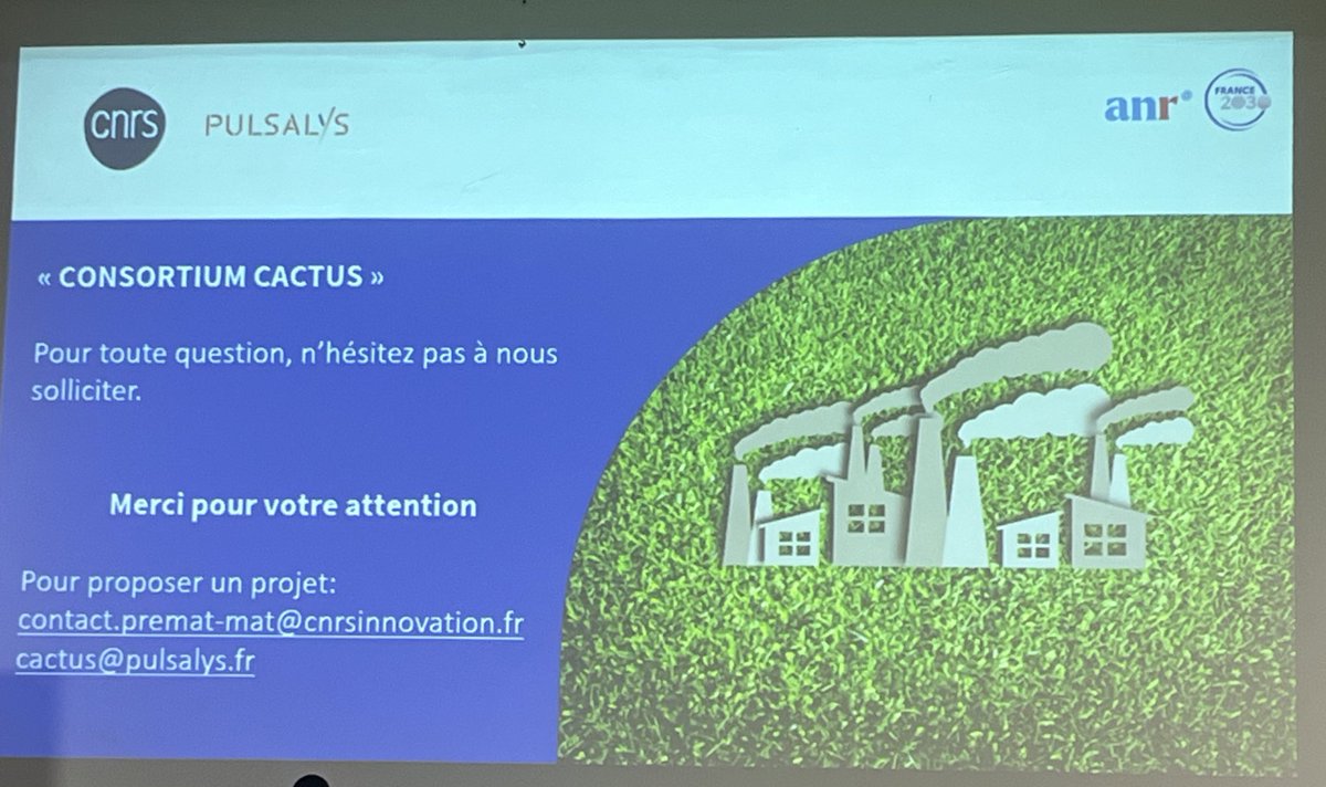 Gabriele Fioni (@gfioni) on Twitter photo Présentation du dispositif Cactus pour la « Décarbonations de l’industrie » coordonné par <a href="/Pulsalys/">PULSALYS</a> et <a href="/CNRS_dr07/">CNRS Rhône Auvergne</a>
Cheffe de file de 3 consortiums de l’APP #prémat #mat et partie prenante dans 13 d’entre eux !
La SATT est un formidable appui à nos chercheurs pour innover Présentation du dispositif Cactus pour la « Décarbonations de l’industrie » coordonné par <a href="/Pulsalys/">PULSALYS</a> et <a href="/CNRS_dr07/">CNRS Rhône Auvergne</a>
Cheffe de file de 3 consortiums de l’APP #prémat #mat et partie prenante dans 13 d’entre eux !
La SATT est un formidable appui à nos chercheurs pour innover