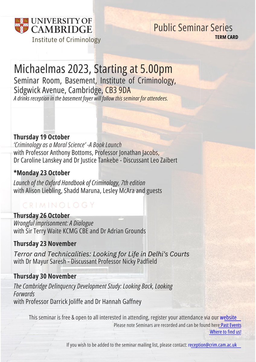 Following their Induction last week, we are delighted to welcome our new MPhil & PhD students this week for the start of teaching. Opportunities for the Public to learn about work in the field of Criminology available too, as we announce our Michaelmas 2023 Term card: