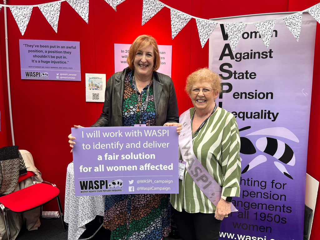 Always supportive @Y_FovargueMP from Makerfield with #WASPI women at Stand 188 at Labour Conference 2023.