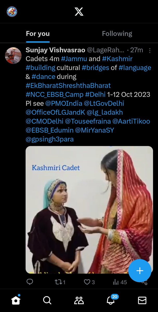Cadets 4m #Jammu and #Kashmir
#building cultural #bridges of #language
&amp; #dance during
#EkBharatShreshthaBharat
#NCC EBSB Camp #Delhi 1-12 Oct 2023
PI see <a href="/PMOIndia/">PMO India</a> <a href="/LtGovDelhi/">LG Delhi</a>
<a href="/OfficeOfLGJandK/">Office of LG J&K</a> <a href="/lg_ladakh/">Office of the Lt. Governor, Ladakh</a>
<a href="/CMODelhi/">CMO Delhi</a> <a href="/Touseefraina/">Touseef Raina</a> <a href="/AartiTikoo/">Aarti Tikoo Singh</a>
<a href="/EBSB/">East Boston Savings</a> Edumin <a href="/MirYanaSY/">Yana Mir</a>
<a href="/gpsingh3para/">GP Singh</a>