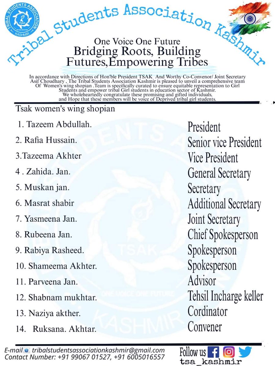TSAKashmir's tweet photo. The Tribal Students Association Kashmir is pleased to unveil a comprehensive Team of Shopian .specifically curated to ensure equitable representation and empower tribal girls through education in Kashmir.We wholeheartedly congratulate these promising and gifted individuals. https://t.co/ELCrTJn1lp