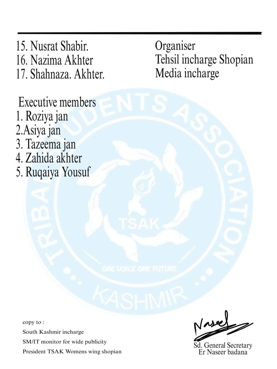 TSAKashmir's tweet photo. The Tribal Students Association Kashmir is pleased to unveil a comprehensive Team of Shopian .specifically curated to ensure equitable representation and empower tribal girls through education in Kashmir.We wholeheartedly congratulate these promising and gifted individuals. https://t.co/ELCrTJn1lp