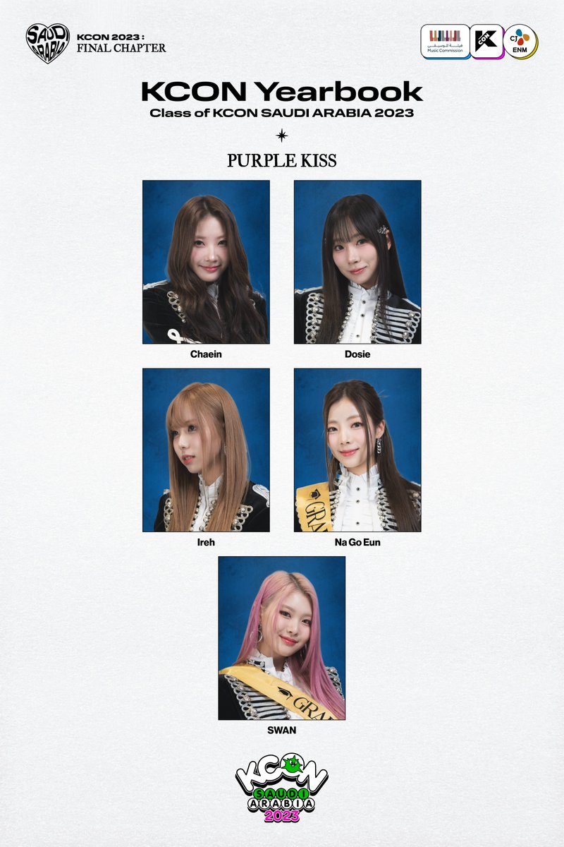KCON_official's tweet image. [#KCONYearbook]

KCON 2023 : FINAL CHAPTER 🎓
Class of #KCONSAUDIARABIA2023 
Celebration with #PURPLEKISS 🥳
@RBW_PURPLEKISS

💚10/6 ~ 10/7
✨Let’s #KCON !
