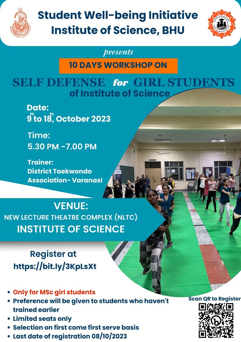 DeanScienceBHU's tweet photo. Student Well-Being Initiative Committee, Institute of Science is organizing a 10-days self-defence workshop for girls (Master students) for a consecutive 10 days. https://t.co/fOiA0FMMd5