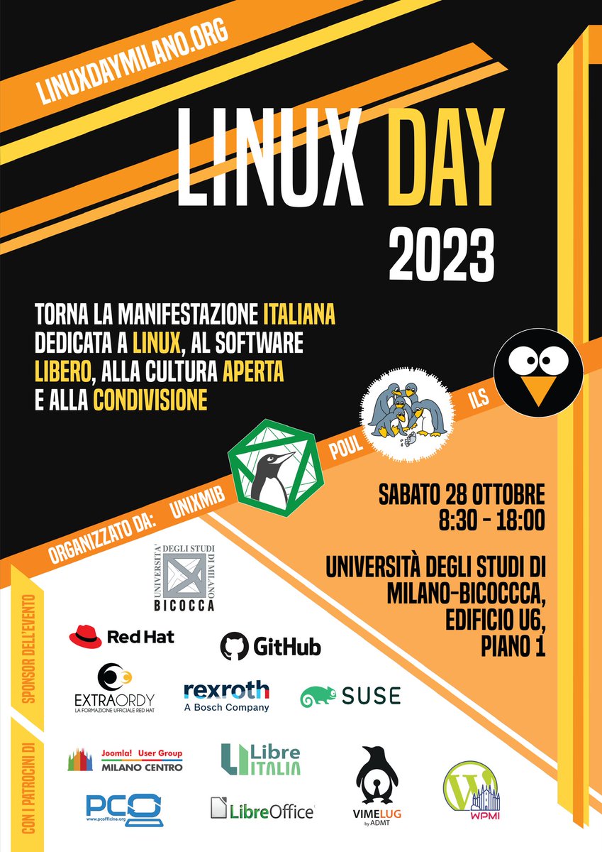 UnixMiB's tweet image. Torna il Linux Day! 🐧
Sabato 28 Ottobre dalle 8:30 alle 18:30 presso l'Università degli Studi di Milano-Bicocca si terrà la manifestazione italiana a tema Linux, open source e condivisione.
Per maggiori informazioni, controlla il sito linuxdaymilano.org!