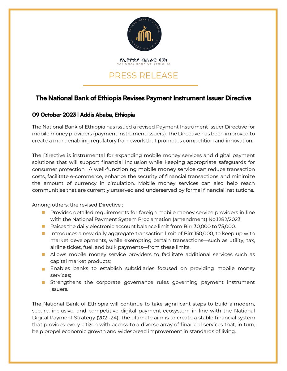The National Bank of Ethiopia has issued a revised Directive for mobile money providers to promote safety, competition and innovation.