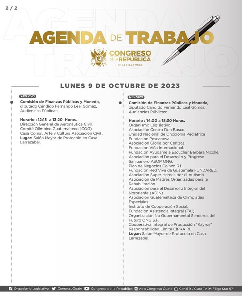les compartimos la agenda de #TrabajoLegislativo de esta jornada. 9 de octubre de 2023

#IXLegislatura #bloquevamos