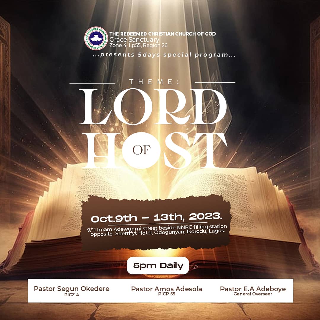 Exciting news, fam! 🌟 

Our 5-day Monthly evening service kicks off today! 
Join us from 5-6pm as we dive into the powerful theme: 'The Lord of Host.' 🙌
Let's come together in prayer to feel the power of the Most High as these evenings promise to be unforgettable!  
#LordOfHost