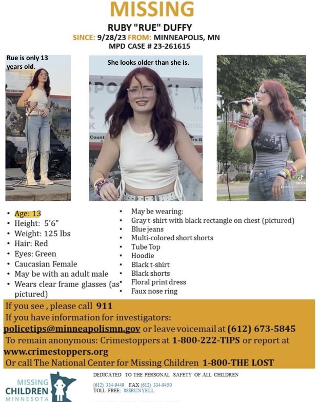 Rue, age 13, has been abducted and is still missing. Please help us find her!