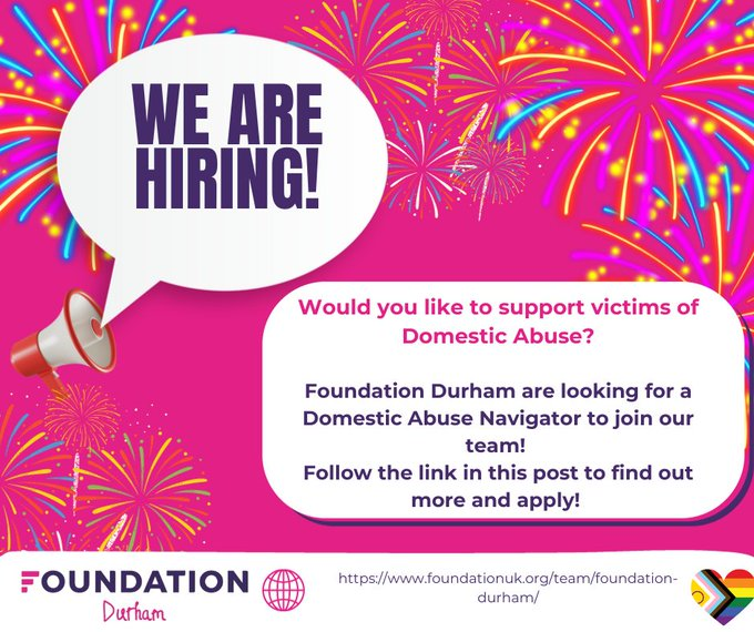 Foundation Durham are hiring! We are currently recruiting for a Domestic Abuse Navigator. Salary starting from£25,231-27,650 per annum. For more information and to apply follow the link below!⬇️📷 inspirenorth.current-vacancies.com/Jobs/Advert/32…… Closing Date: Sunday 15 October 2023