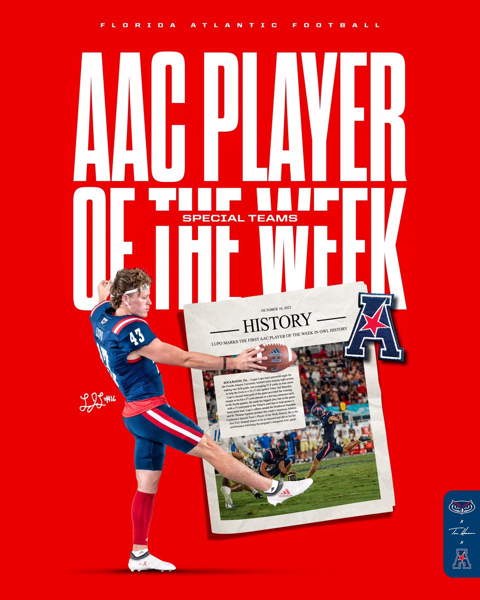 Florida Atlantic Football (@faufootball) on Twitter photo Making history📰
Congrats to <a href="/lupo_logan/">logan lupo</a> our 1st ever <a href="/American_Conf/">The American</a> Player of the Week!
#TriCountyTakeover
#WinningInParadise Making history📰
Congrats to <a href="/lupo_logan/">logan lupo</a> our 1st ever <a href="/American_Conf/">The American</a> Player of the Week!
#TriCountyTakeover
#WinningInParadise