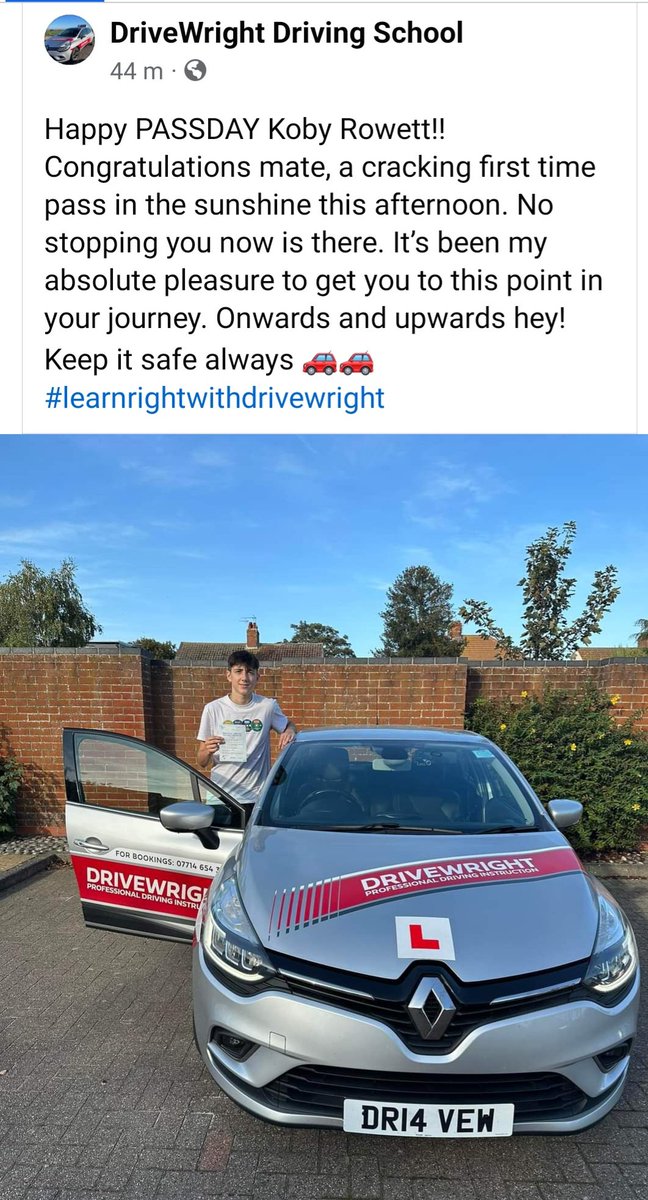 Great news for Team DriveWright this afternoon Congratulations Koby
LearnRight with DriveWright 👌
#LearnRightwithDriveWright 
#NKK  #Automatic #Manual #Drivinglessons  #FemaleInstructor #NikkisSquad #SquadGoals  #Lowestoft #Thisgirlcan #Thisgirldid #SidTheStonic #NevTheNiro