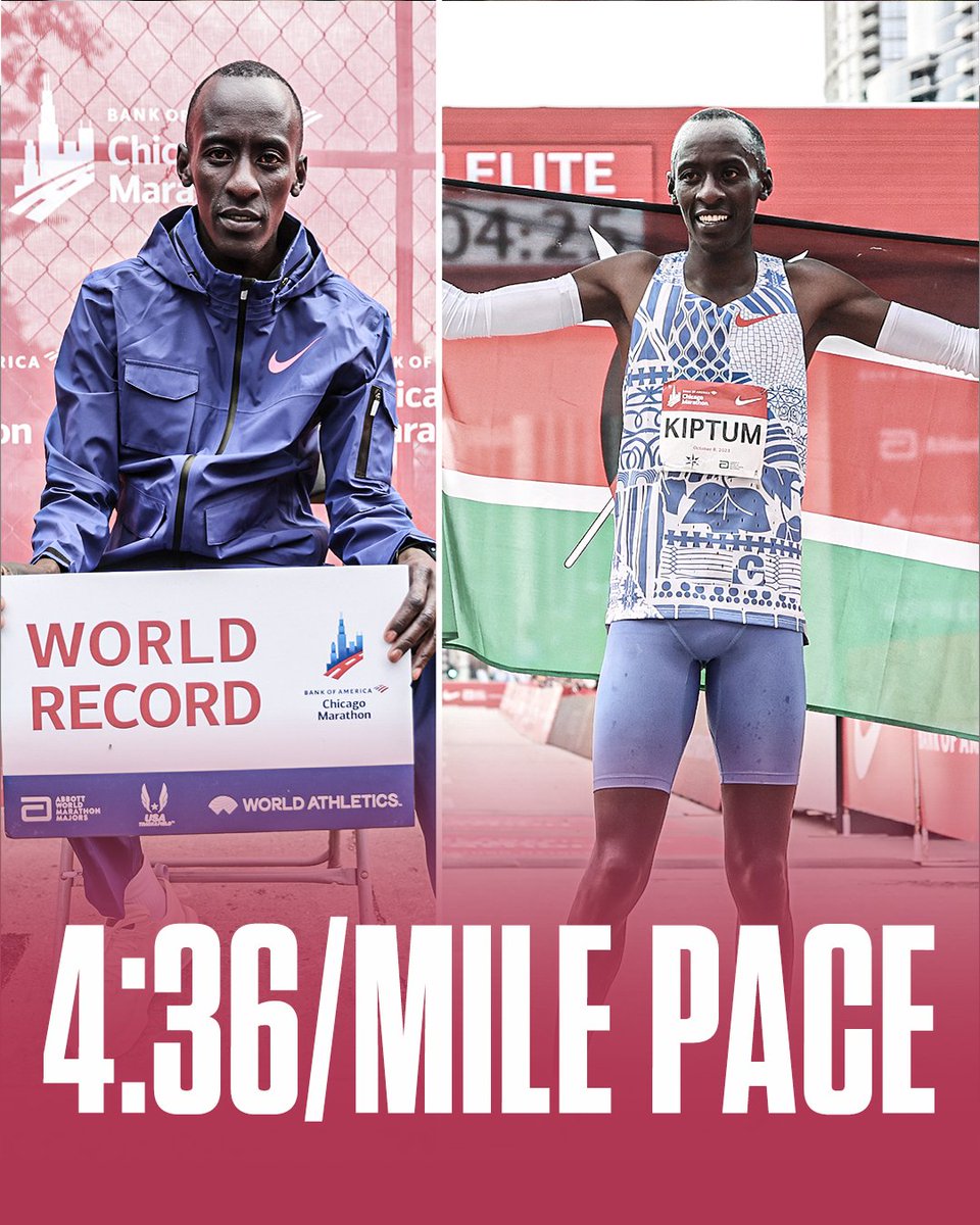 espn's tweet image. Kelvin Kiptum from Kenya shattered the men&apos;s marathon WORLD RECORD in Chicago on Sunday 🇰🇪

He ran 26.2 miles in just 2 hours and 35 seconds 🤯

Unbelievable feat 👏