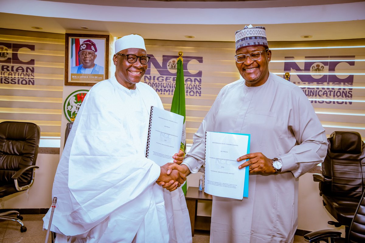 Prof_danbatta's tweet photo. Today, as the CEO/EVC of the Nigerian Communications Commission (NCC), I had the privilege of signing an MOU with Dr. Garba Abari, Director-General of the National Orientation Agency (NOA) on Cyber Security Sensitisation . https://t.co/NCHO9KbUMy
