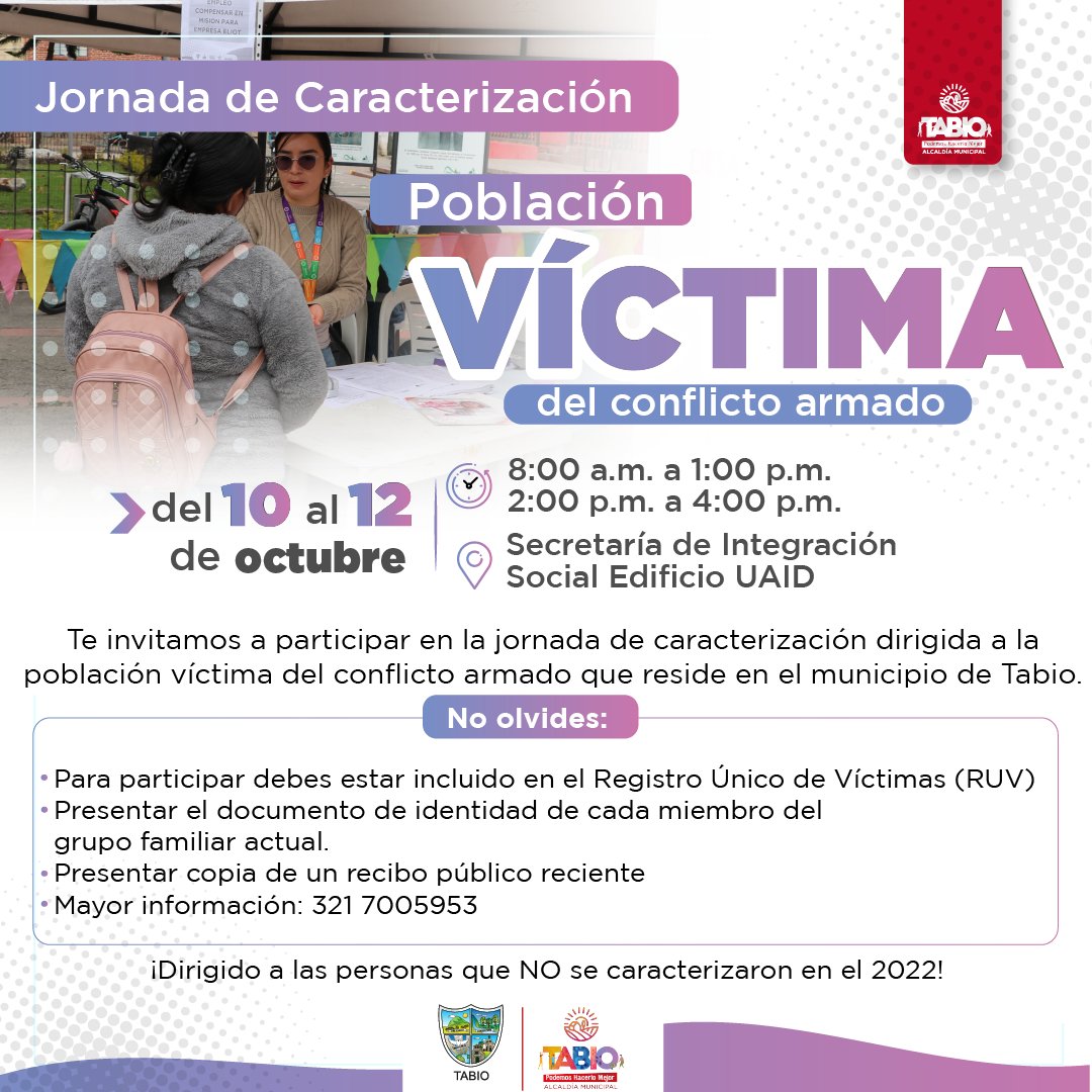 ¡Atención población víctima del conflicto armado residente en Tabio! Los invitamos a participar en esta jornada, con la cual se recopila información sobre su situación, a través de la articulación entre la <a href="/UnidadVictimas/">Unidad para las Víctimas</a>, la Red Nacional de Información y demás actores de #SNARIV