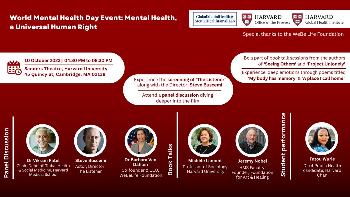 webelifeinc's tweet photo. We're thrilled to join @Harvard on 10/10 for a  #WorldMentalHealthDay event. WeBeLife Foundation Board Chair, Co-founder &amp; CEO of WeBe Life Inc, Dr. Barbara Van Dahlen, will moderate a conversation with Director Steve Buscemi following a screening of his new film, The Listener. https://t.co/6PfOVUf4GP