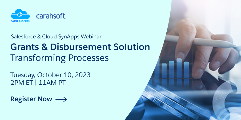 Carahsoft's tweet image. Find out how @cloudsynapps has leveraged the power of @SalesforceGov to transform the #grantsmanagement experience. See what’s in store for the webcast tomorrow: carah.io/bd3f55