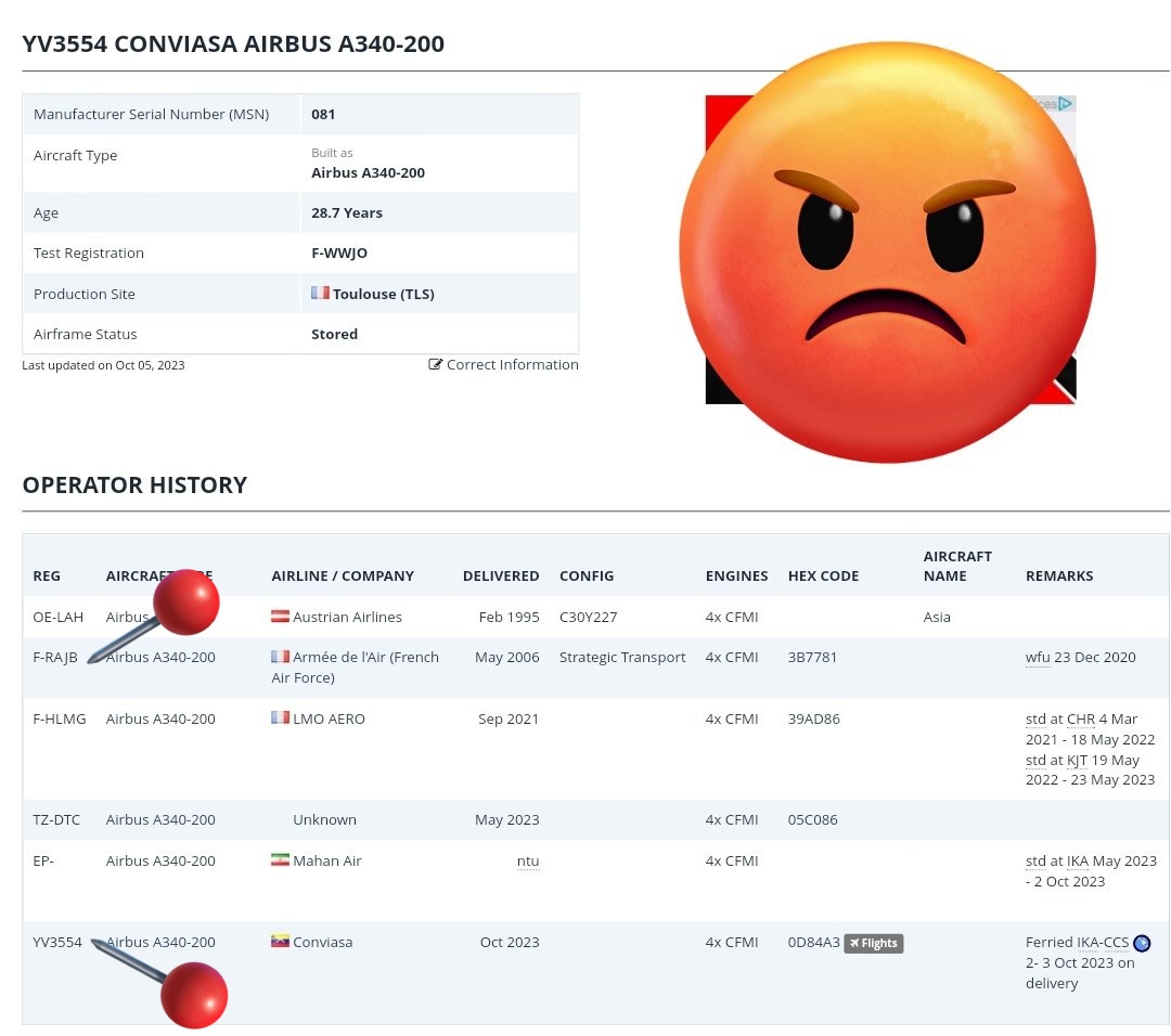 Arr3ch0's tweet photo. ¿Cuanto habrá pagado Venezuela por el "nuevo" Conviasa YV3554 que compró vía Iran (Mahan Air)? 
Sabemos que el Gobierno de Francia lo subastó; precio inicial era €80,000, la subasta cerró en €400,000. Tenía 68,102 hrs de vuelo en 12,112 vuelos.
Más info en hashtag #YV3554 https://t.co/ZXavWGxcJr