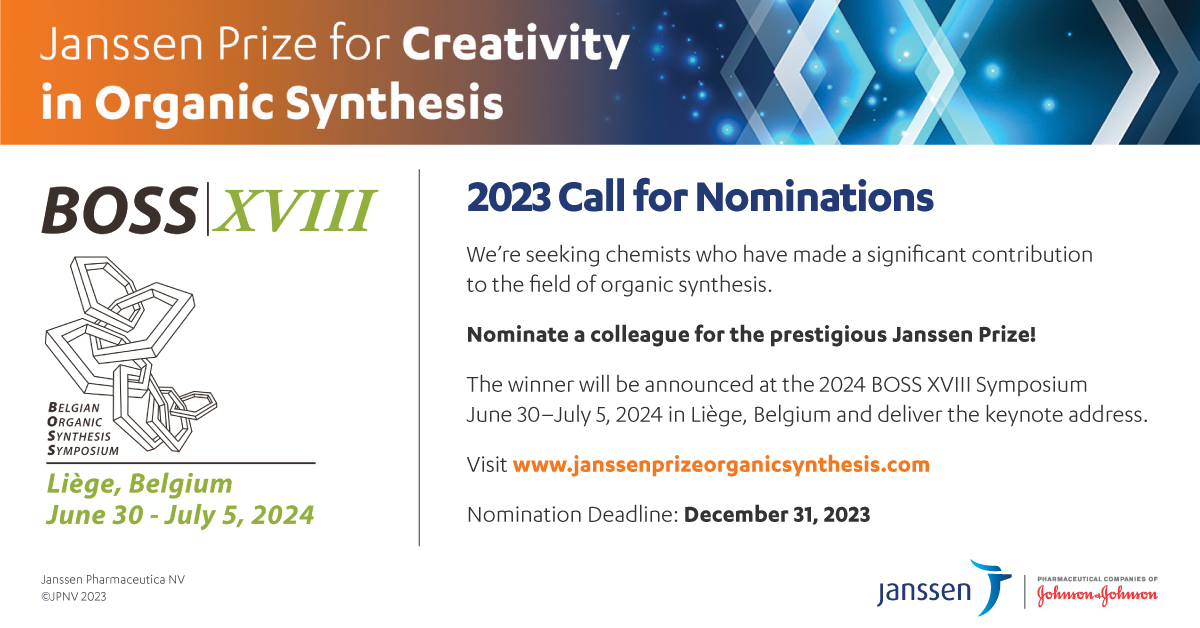 JNJInnovMed's tweet photo. Seeking pioneers who are pushing the boundaries of synthetic chemistry. Nomination period: October 1 – December 31, 2023.
Help us celebrate up-and-coming chemists who are making significant contributions to the field!
Learn more https://t.co/ajwLt9y65A
#BOSS_Symposium #BOSSXVIII https://t.co/kAvMQ7iju7