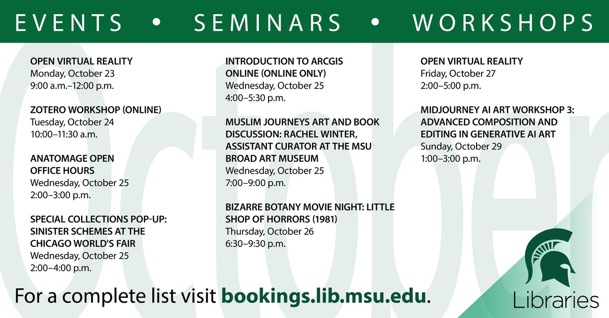MSU Libraries (@msulibraries) on Twitter photo Events at the #MSULibraries this week include a Special Collections Pop-Up: Sinister Schemes at the Chicago World's Fair, a Muslim Journeys Art and Book Discussion w/ Rachel Winter from <a href="/MSUBroad/">MSU Broad Art Museum</a>, and a Bizarre Botany Movie Night showing of the 1981 Little Shop of Horrors! 🍂👻🍁 Events at the #MSULibraries this week include a Special Collections Pop-Up: Sinister Schemes at the Chicago World's Fair, a Muslim Journeys Art and Book Discussion w/ Rachel Winter from <a href="/MSUBroad/">MSU Broad Art Museum</a>, and a Bizarre Botany Movie Night showing of the 1981 Little Shop of Horrors! 🍂👻🍁