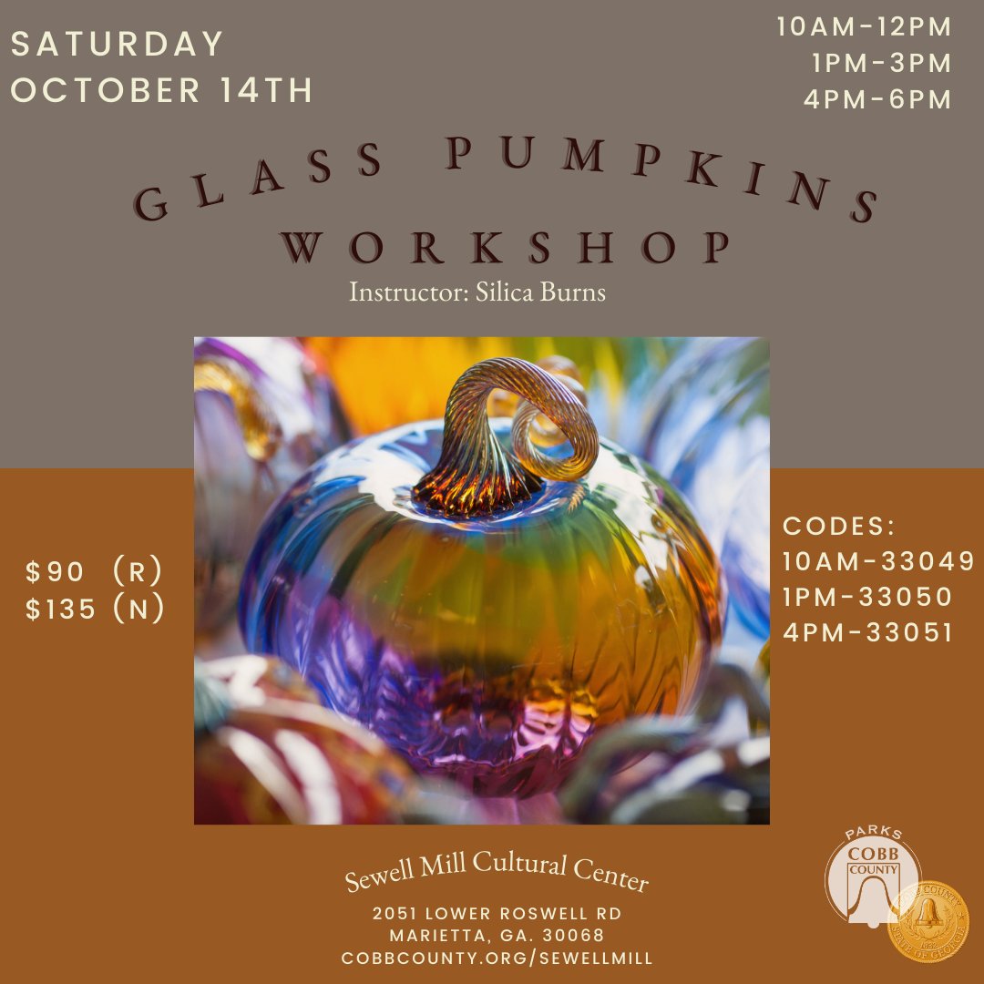 sewell_mill's tweet photo. The pumpkin glass-blowing workshop is this weekend! There are still some spaces open for registration 🎃 #glassblowing #cobbarts #cobbparks #cobbcountygovt #spookyseason 

------- Register here :https://t.co/JrDrkJbZn8 https://t.co/B3uUPaQfVr