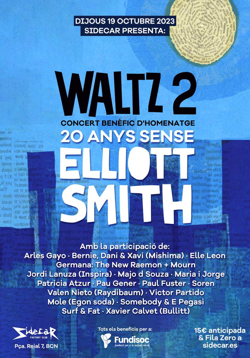 ELLIOTT SMITH va ser un dels músics més influents de la seva seva generació; també un dels més turmentats i misteriosos. Aquest mes fa 20 anys que morí i a Sidecar l'homenatgem dijous 19-O amb un munt d'artistes fent-ne versions en un concert benèfic. Per a ell, un fil...[1/8]