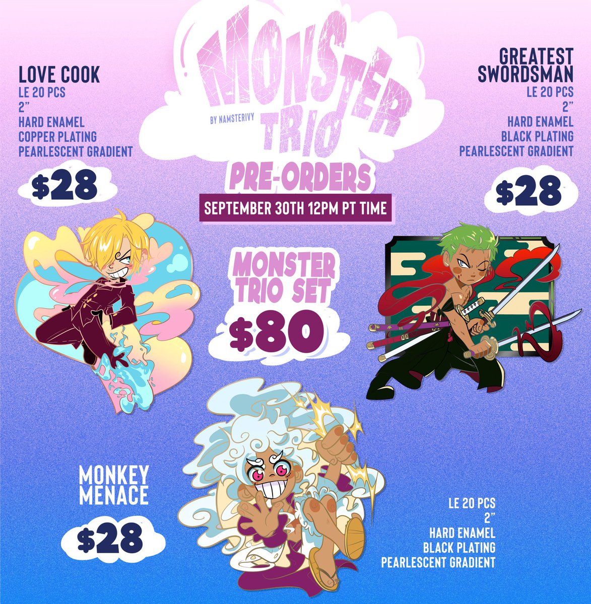 NamelessAnami's tweet photo. β¨πONE PIECE PIN PRE-ORDERS WILL BE AVAILABLE UNTIL OCT 13th!! So if you still want one, don't forget to get yours!πβ¨
Link: https://t.co/ASmp37lrcJ
#ONEPIECE #OnePieceMerch #OPMerch #Luffy #Zoro #Sanji #Monstertrio #gear5 https://t.co/EEzm2cRKF6