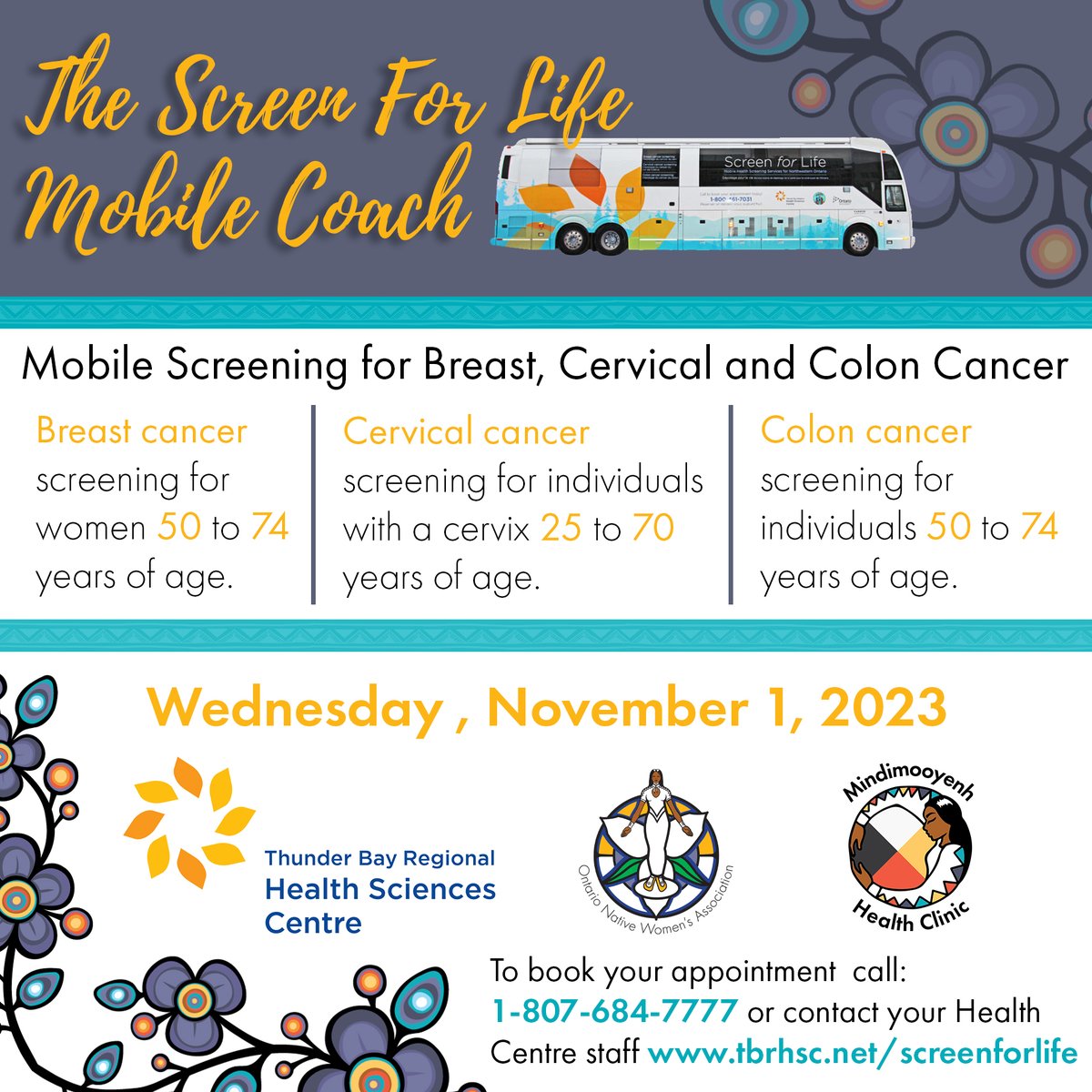 Ontario Native Women's Association (@_onwa_) on Twitter photo Join us at the Screen For Life Mobile Coach!
đ Location: Canada Games Complex Parking Lot
đ Time: 8am-8pm
If you need assistance with booking your appointment, don't hesitate to reach out to the clinic at:
đ 1-807-697-1753
đ§ vaccine@onwa.ca
#ScreenForLife #CommunityHealth Join us at the Screen For Life Mobile Coach!
đ Location: Canada Games Complex Parking Lot
đ Time: 8am-8pm
If you need assistance with booking your appointment, don't hesitate to reach out to the clinic at:
đ 1-807-697-1753
đ§ vaccine@onwa.ca
#ScreenForLife #CommunityHealth