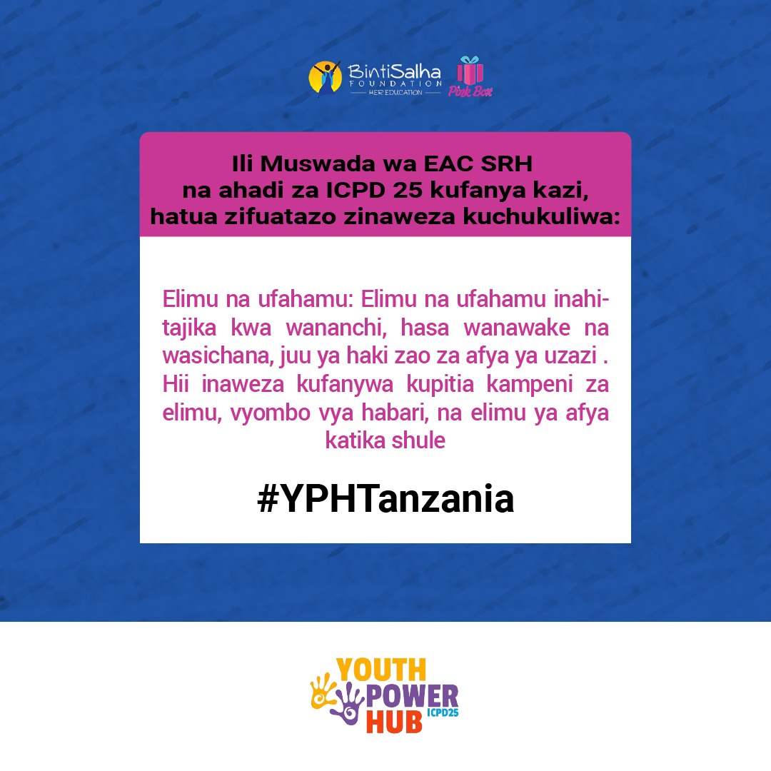 Bado jamii inahitaji elimu na ufahamu kwa wanawake na wasichana juu ya haki zao za kiafya hasa afya ya uzazi

Elimu hii inaweza kupatikana kupitia vyombo vya habari, kampeni kupitia makundi mbali mbali bila kusahau elimu kutoka mashuleni nk. 
#YPHTanzania #EACSRHBillTz #ICPD25Tz