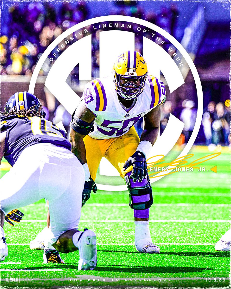 LSUfootball's tweet photo. Emery Jones Jr. is the SEC Offensive Lineman of the Week https://t.co/jypkPkD1Lb