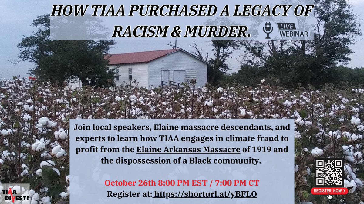 A webinar on investing & profiting today from historic wrongs. @TIAADivest @TIAA @aaup @RealBankReform @UnKochCampus #ReparationsNow #ElaineMassacre