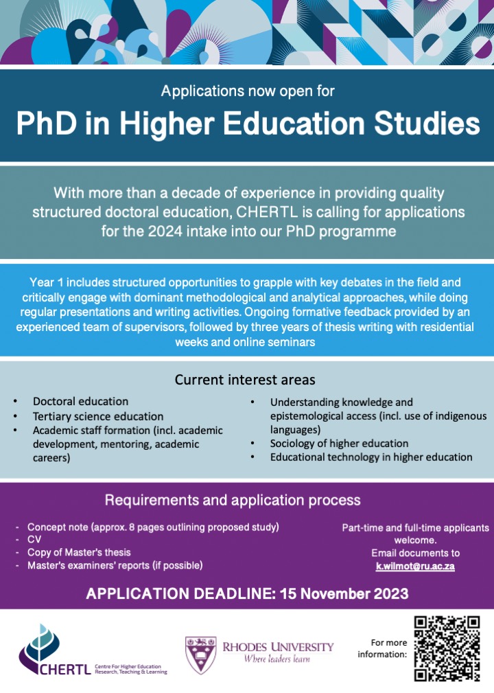 Applications for our #HigherEducation Studies Doctoral Programme at Rhodes University are open - get your application in before 15 November 2023 to be considered for our 2024 intake. Please share with anyone who might be interested tinyurl.com/5z9stuyz <a href="/CHERTL_RU/">CHERTL</a>