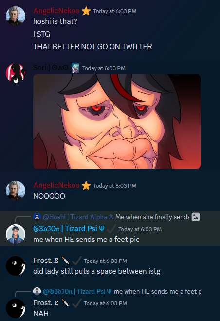 hoshihoku69's tweet photo. Good Morning Twitter.  Today's #TrauamWithHoshi is a continuation from this quote tweet.  They are slowly catching on that I'm using them for clout I mean that my Trauma posts are a thing.  Hehe. #vtubers #discordscreenshots @GraveVFrost @SasorizawaVT @AngelicNekoo @G3dIon https://t.co/SwOmEGCL1P
