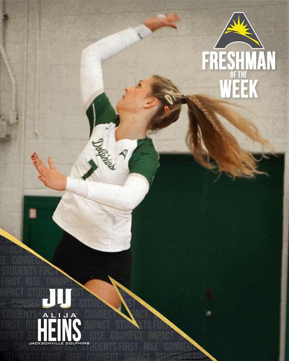 For the first time in her career, @JAX_Volleyball’s Alija Heins was named the #ASUNVB Freshman of the Week💯💪🏐👀

📰 | asunsports.org/news/2023/10/8…

#JUPhinsUp