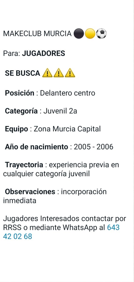 SE BUSCA 🚨🚨🚨
DELANTERO CENTRO 2005-2006
Jugadores Interesados MD y WhatsApp al 642 42 02 68